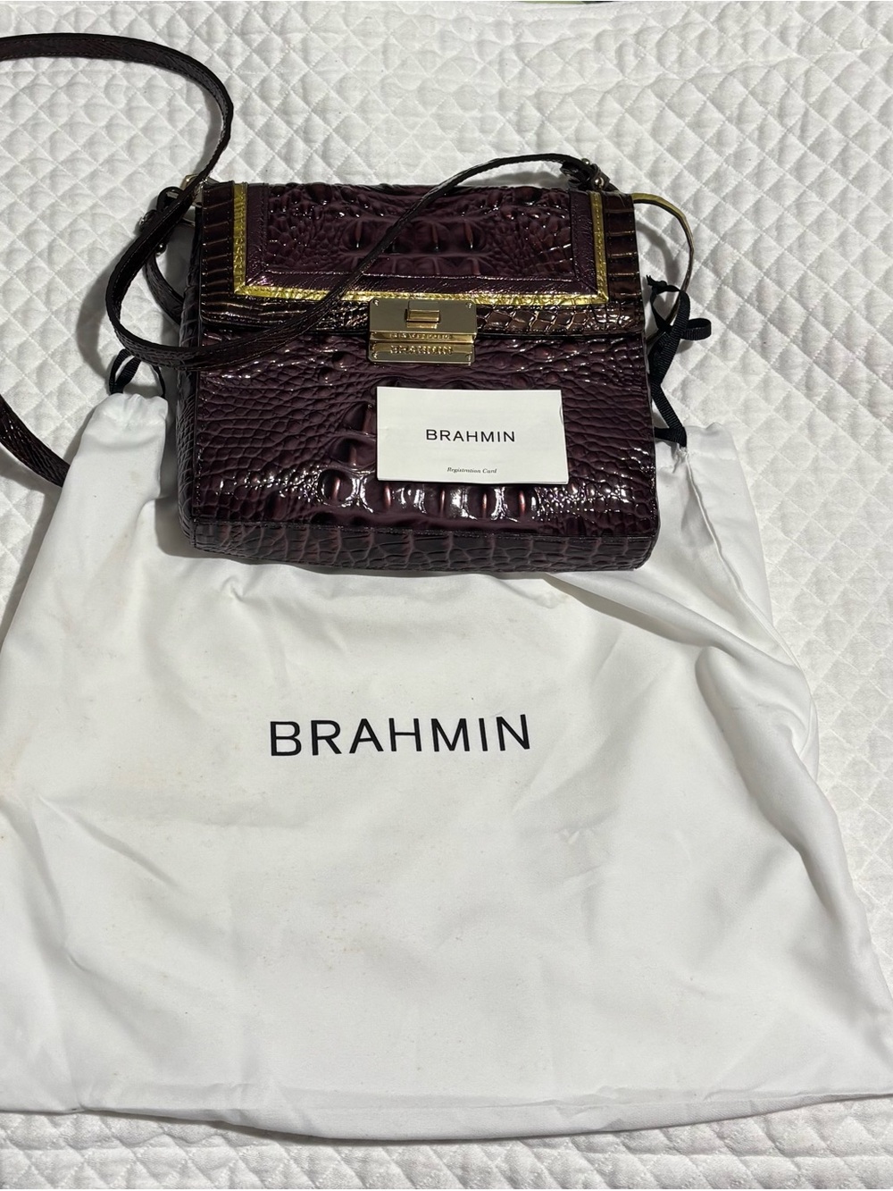 Brahmin Croc-Embossed Crossbody Bag in Deep Plum with Gold Trim